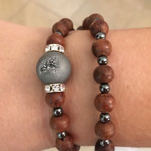 Wooden bead double wrap bracelet with druzy NWOT